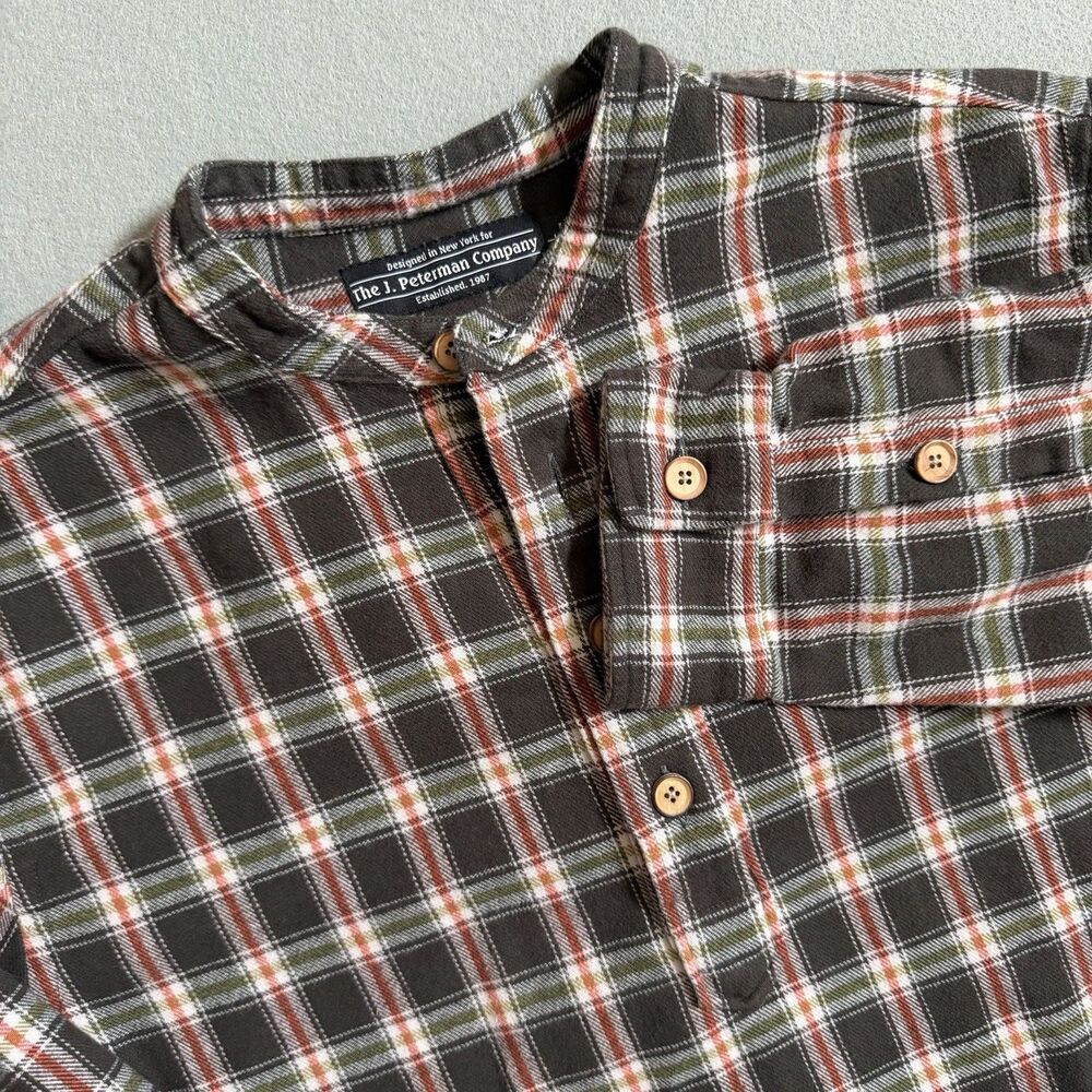 J. Peterman Co. Men Large 100% Cotton Flannel Plaid Popover Poets Shirt Grandpa
